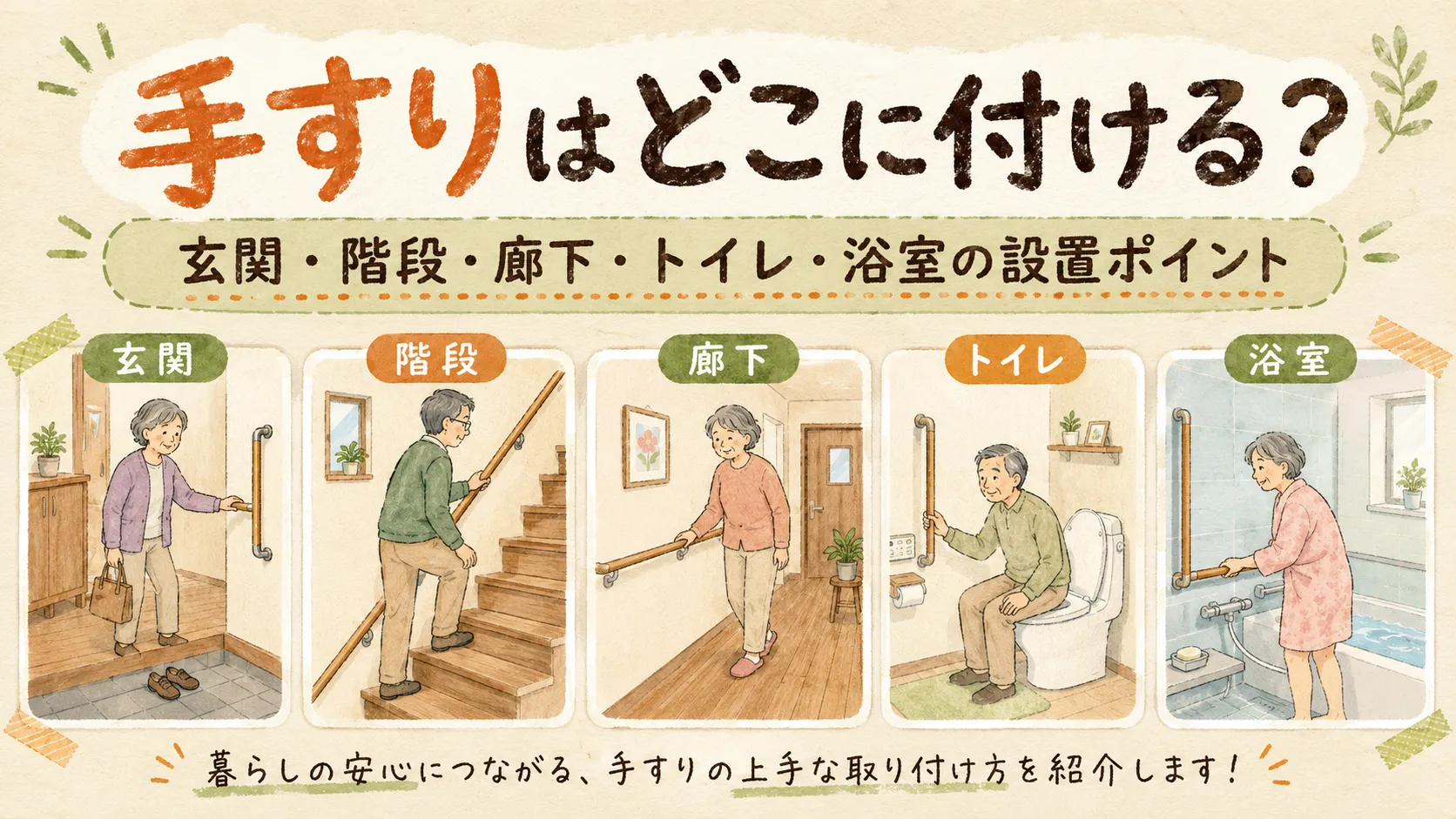 手すりはどこに付ける?玄関・階段・廊下・トイレ・浴室の設置ポイント